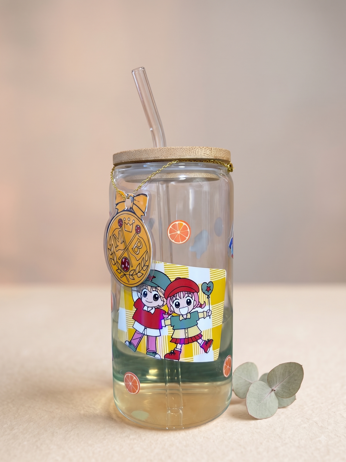 Vaso de cristal con tapa de bambú y pajita de cristal inspirado en Marmalade Boy