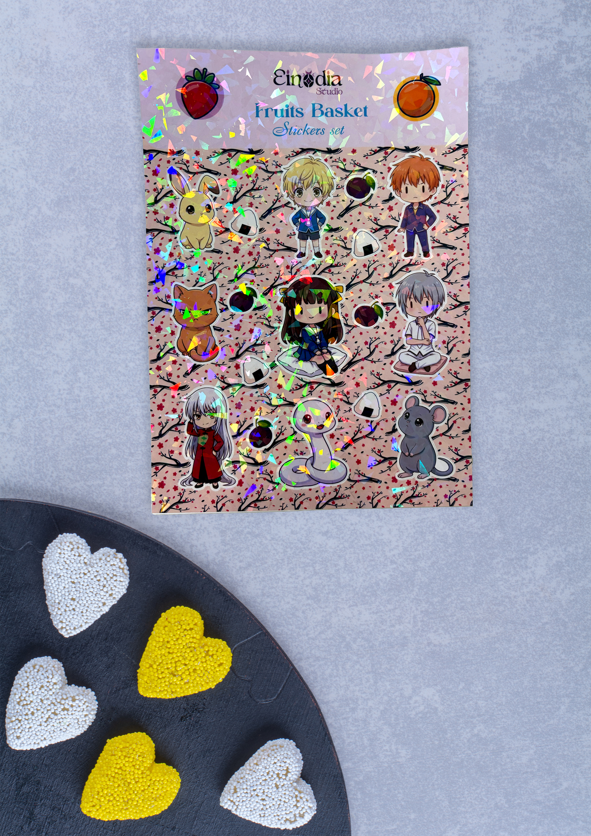 Hoja de stickers holográficas inspiradas en Fruits Basket